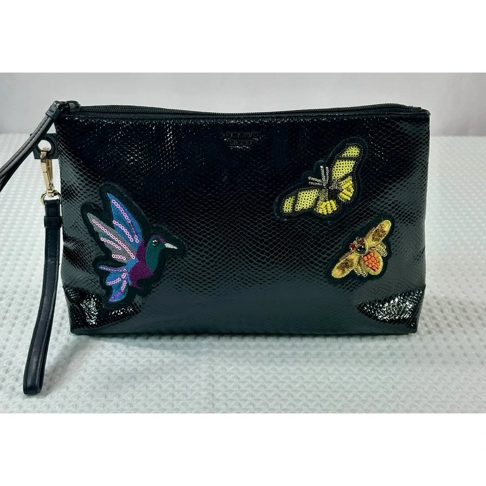 Victoria's Secret Black Snake Print Wristlet Clutch with Beaded Insect Patches